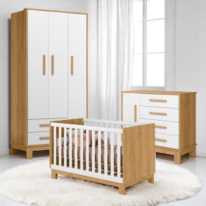 Conjunto Infantil Encanto Slim Freijo/Branco: Berço Encanto Slim Mini Cama Cômoda Encanto Slim Guarda-Roupa Encanto