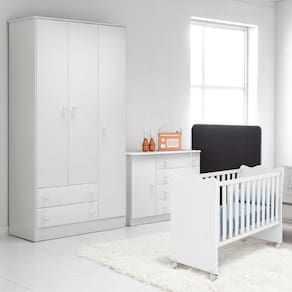 Conjunto Infantil Doce Sonho Branco: Berço Doce Sonho + Kit Rodízios + Cômoda Doce Sonho + Guarda-Roupa Doce Sonho
