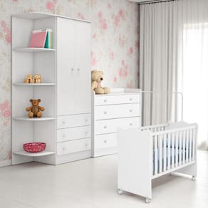 Conjunto Infantil Doce Sonho Branco: Berço Doce Sonho + Kit Rodízios + Cômoda Doce Sonho + Guarda-Roupa Doce Sonho