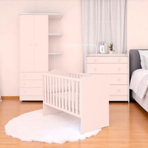 Conjunto Infantil Doce Sonho Rosa Acetinado: Berço Doce Sonho + Cômoda Doce Sonho + Guarda-Roupa Doce Sonho