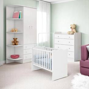 Conjunto Infantil Doce Sonho Branco/Branco: Berço Doce Sonho + Cômoda Doce Sonho + Guarda-Roupa Doce Sonho
