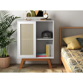 Balcao Alto Aparador Buffet Com Porta De Correr Rattan Pés Em Madeira Branco