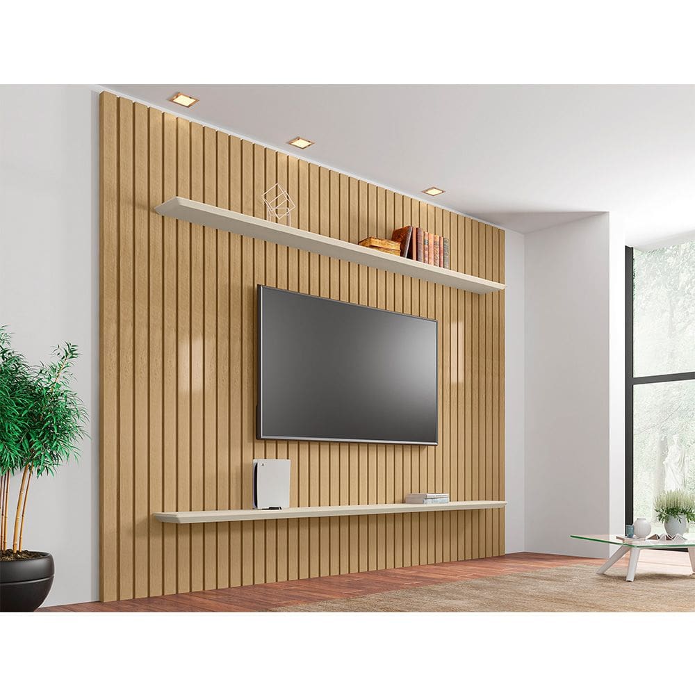 Painel Ripado com Prateleiras Roma para Tv 75 Polegadas Cinamomo/off-white