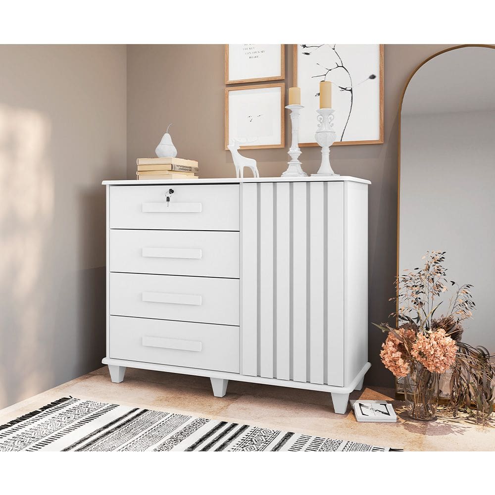 Cômoda Sapateira Grécia com Chave 1 Porta 4 Gavetas Ripado Branco