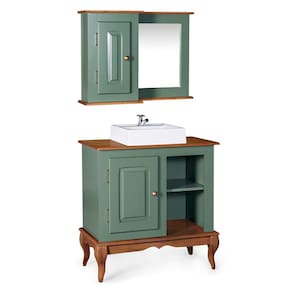 Gabinete para Banheiro com Cuba e Armário Espelheira Dália 3051 - Verde Musgo/Imbuia Glazer