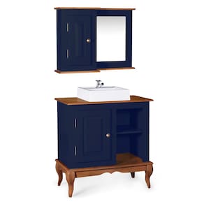 Gabinete para Banheiro com Cuba e Armário Espelheira Dália 3051 - Azul Petróleo/Imbuia Glazer