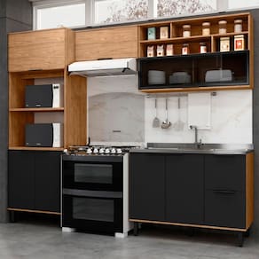 Cozinha Compacta Sophie 7 Portas 3 Gavetas com Vidro 100% Mdf Freijo/Nero - Pnr Móveis