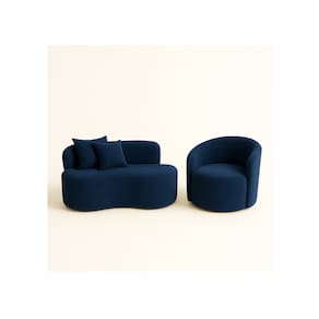 Conjunto 01 Poltrona + Sofá Curvo Orgânico Nature Gaia Suede Azul Marinho - Montanaris Decor