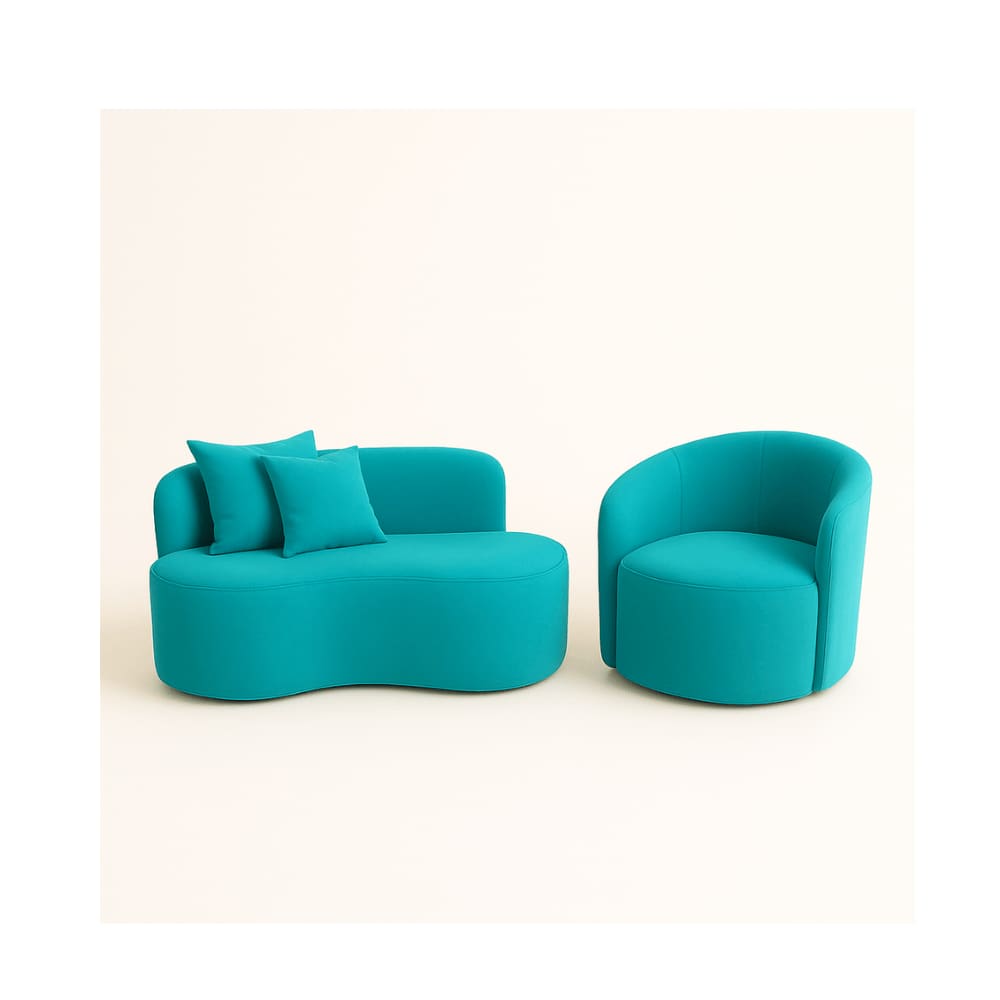 Conjunto 01 Poltrona + Sofá Curvo Orgânico Nature Gaia Suede Azul Turquesa - Montanaris Decor