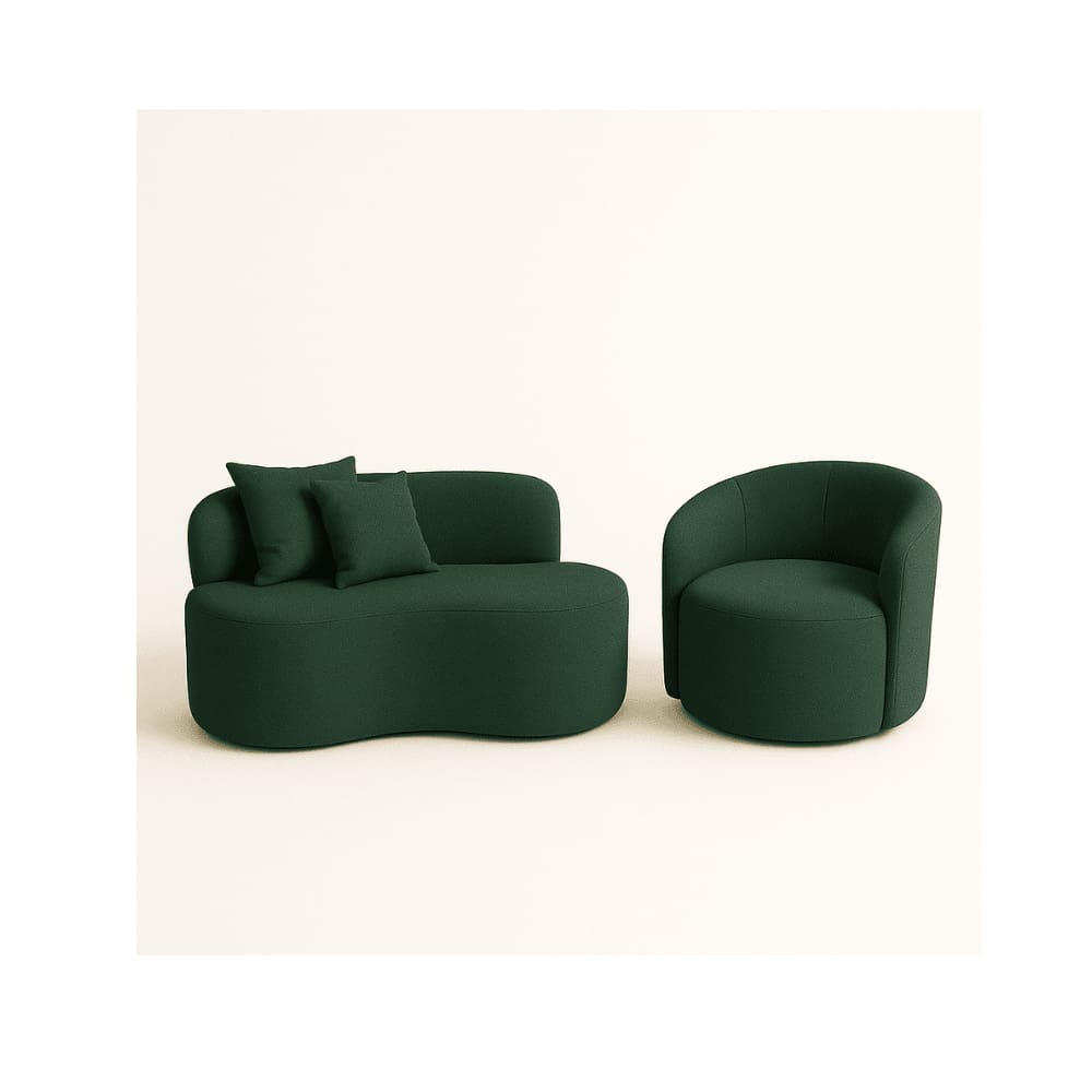 Conjunto 01 Poltrona + Sofá Curvo Orgânico Nature Gaia Suede Verde - Montanaris Decor