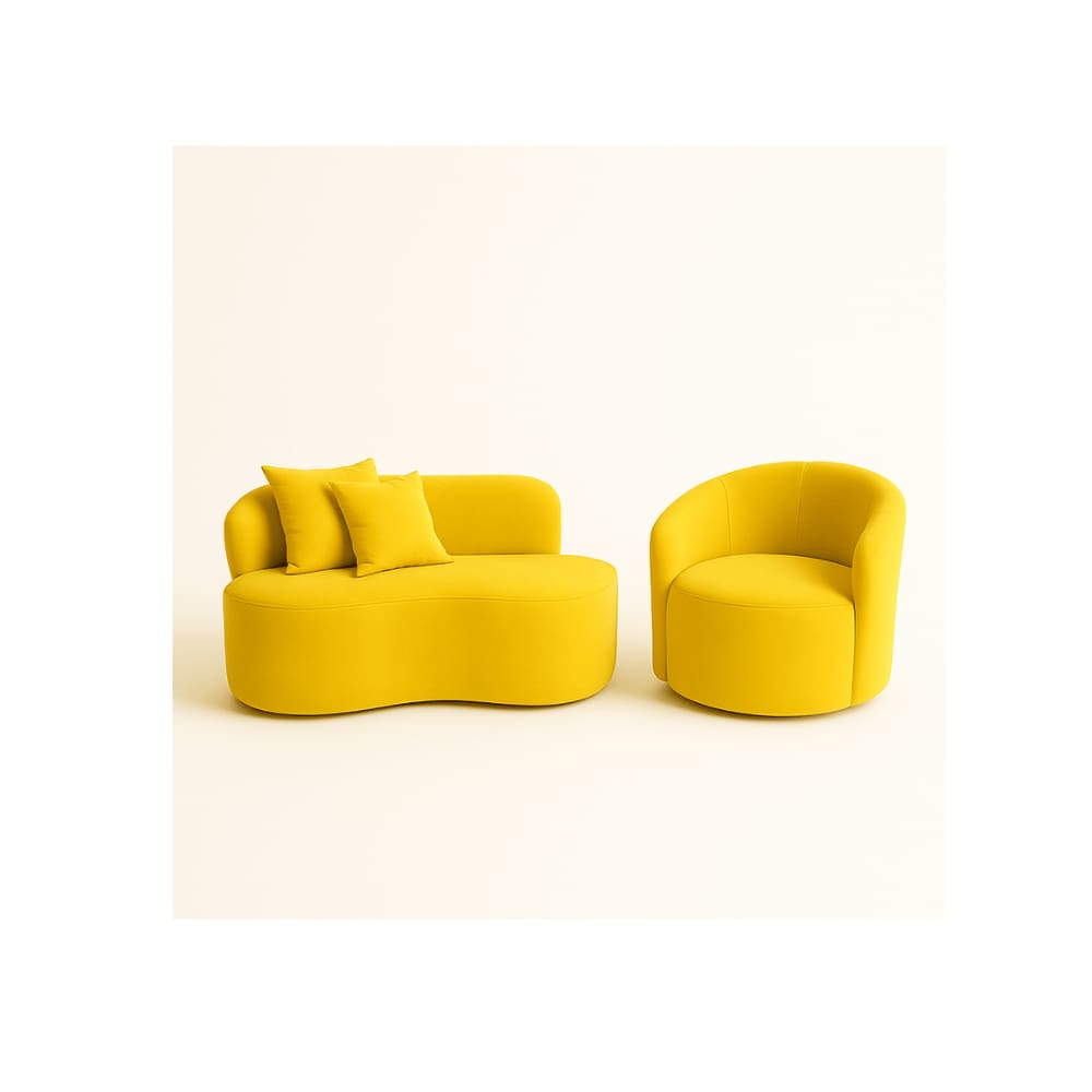 Conjunto 01 Poltrona + Sofá Curvo Orgânico Nature Gaia Suede Amarelo - Montanaris Decor
