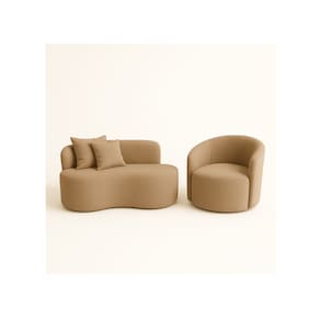 Conjunto 01 Poltrona + Sofá Curvo Orgânico Nature Gaia Suede Cappuccino - Montanaris Decor