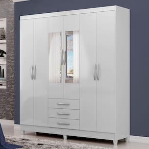 Guarda-Roupa Casal Noemi 6 Portas 3 Gavetas com Espelho Branco - Pnr Móveis