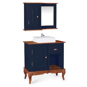 Gabinete para Banheiro com Cuba e Armário Espelheira Dália 3064 - Azul Petróleo/Imbuia Glazer