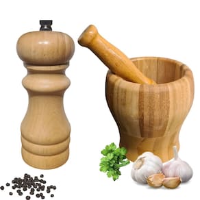 Kit Moedor Manual de Pimenta Tempero e Pilão com Socador Madeira Bambu