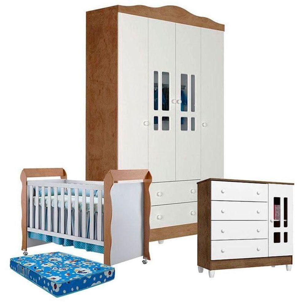 Quarto De Bebê Ariel 4 Portas Com Berço Mirelle Branco Acetinado Amadeirado E Colchão – Carolina
