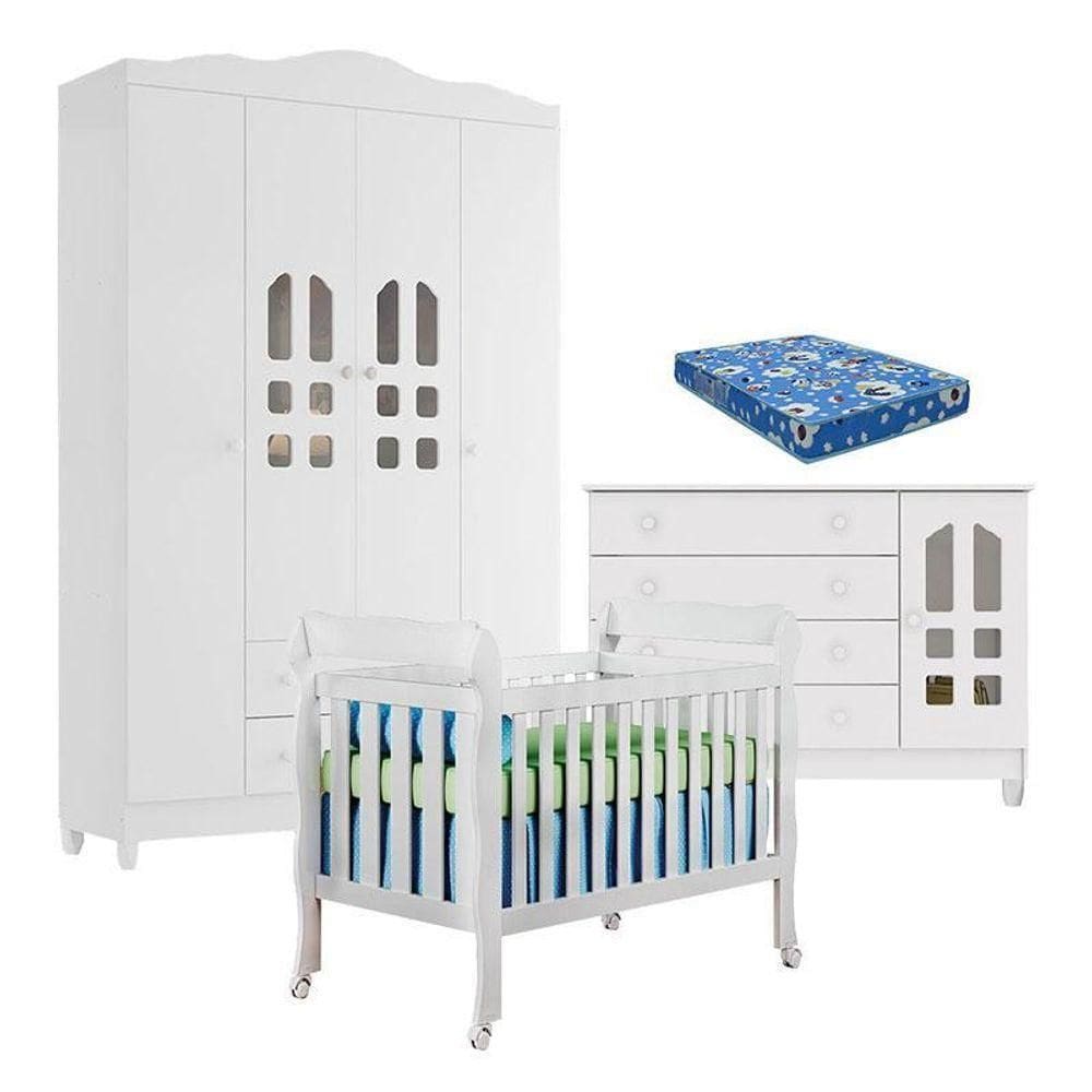 Quarto De Bebê New Selena 4 Portas Com Berço Lila E Cômoda Gran Selena Branco Brilho E Colchão Ortobom – Carolina Móveis