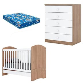 Berço Bala De Menta E Cômoda Infantil Pique-esconde Rústico Branco Com Colchão Ortobom – Henn