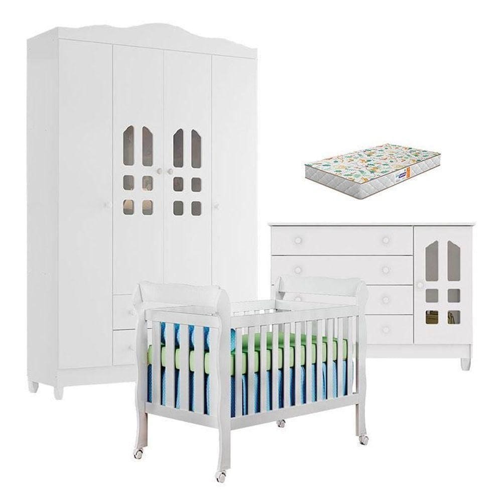 Quarto De Bebê New Selena 4 Portas Com Berço Lila E Cômoda Gran Selena Branco Brilho E Colchão Gazin – Carolina Móveis