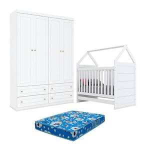 Berço Montessoriano E Guarda Roupa Infantil Americano 4 Portas Branco Com Colchão Ortobom - Henn