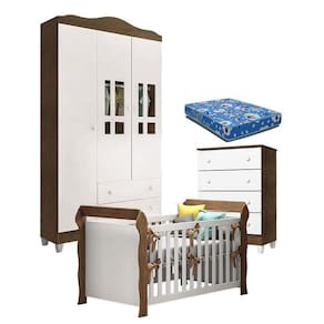 Quarto De Bebê Ariel 3p Gaveteiro E Berço Lara Branco Acetinado Amadeirado Com Colchão – Carolina