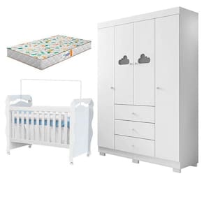 Berço Americano New Nanda E Guarda Roupa Infantil Ane Branco Brilho Com Colchão Gazin – Phoenix Baby