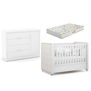 Berço Americano Com Capitonê New Boucle E Cômoda Infantil Tutto New Branco Acetinado E Colchão Gazin - Matic