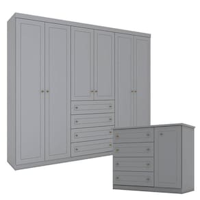 Cômoda E Guarda Roupa Casal 6 Portas Americano Cinza – Henn