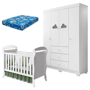 Berço Americano Danny E Guarda Roupa Infantil Ane Branco Brilho Com Colchão Ortobom – Phoenix Baby