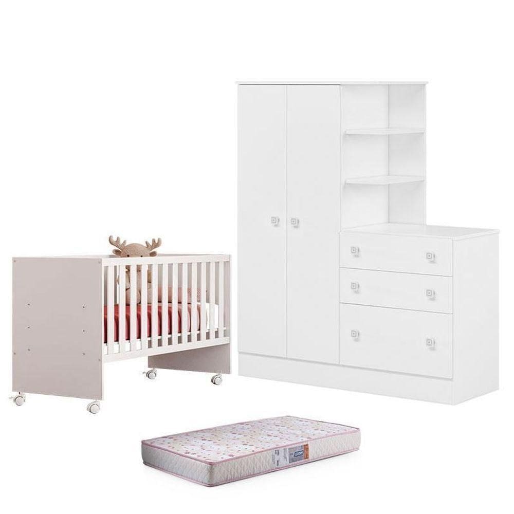 Berço 3540 E Guarda Roupa Com Cômoda 4070 Doce Sonho Branco Brilho E Colchão Gazin – Qmovi