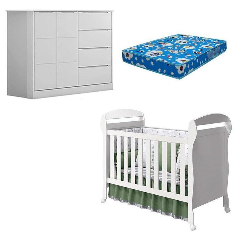 Berço Americano Danny E Cômoda Infantil Eloá Branco Acetinado Com Colchão Ortobom – Phoenix Baby