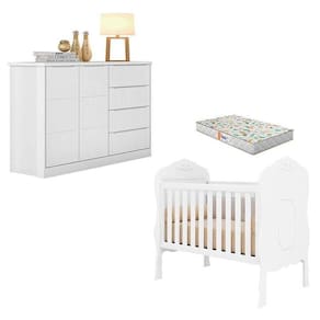 Berço Americano Realeza E Cômoda Infantil Blenda Branco Acetinado Com Colchão Gazin - Phoenix Baby