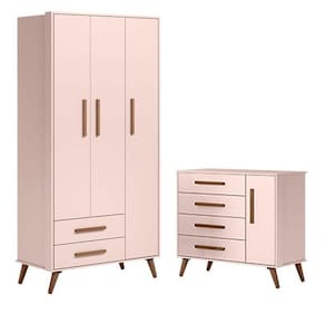 Cômoda 3825 E Guarda Roupa 3830 Retrô Rosa - Qmovi