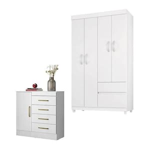 Cômoda Montevidéu E Guarda Roupa Solteiro Lótus Branco - Demóbile