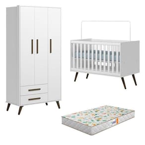Berço Americano 3820 E Guarda Roupa 3830 Retrô Branco Acetinado Com Colchão Gazin- Qmovi