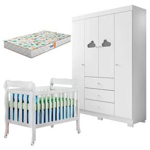 Berço Americano Lila E Guarda Roupa Infantil Ane Branco Brilho Com Colchão Gazin – Phoenix Baby