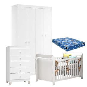 Quarto De Bebê 4 Portas Com Gaveteiro Ternura Baby E Berço Lara Branco Brilho Com Colchão - Incorplac