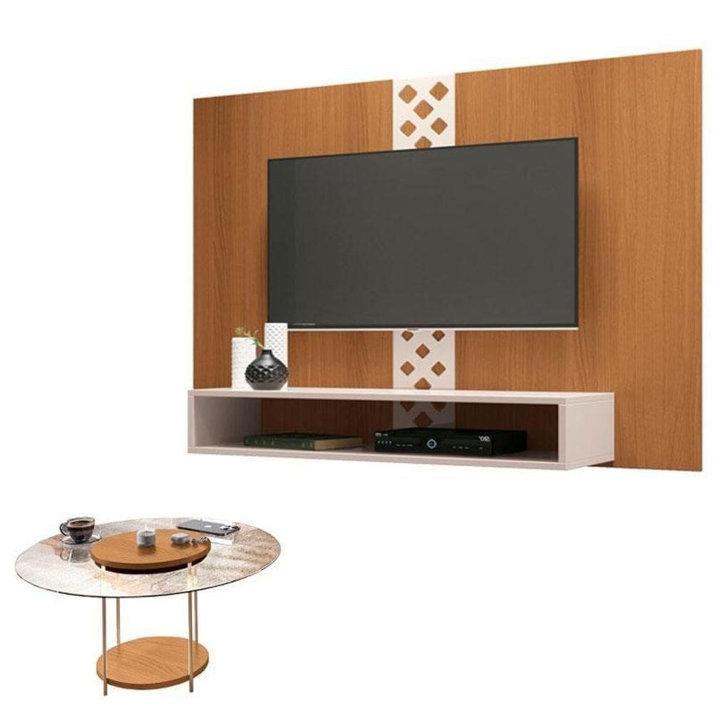 Painel Para Home Suspenso Form Com Mesa De Centro Sky Com Tampo De Vidro Cinamomo Off White – Hb Móveis