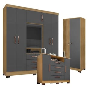 Guarda Roupa Casal Imperial E Cômoda Madri Com Armário Multiuso Versatile Carvalho Americano Grafite – Incorplac
