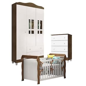 Quarto De Bebê Ariel 3 Portas Com Gaveteiro E Berço Lara Branco Acetinado Amadeirado – Carolina