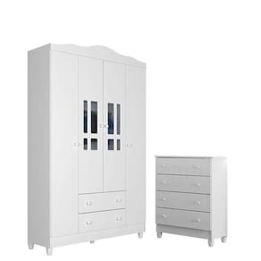Cômoda Gaveteiro E Guarda Roupa Ariel 4 Portas Branco Brilho - Carolina