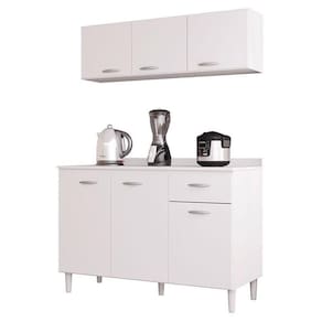 Balcão De Cozinha Com Tampo E Armário Aéreo 120 Cm Branco Brilho - Poquema