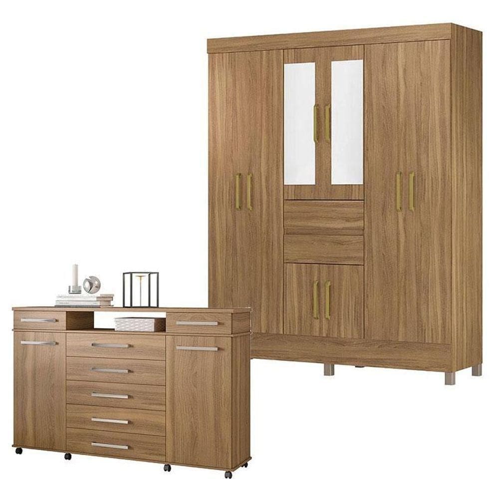 Cômoda London E Guarda Roupa Casal Munique Amêndola Touch Com Espelho - Demóbile