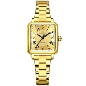 Relógio Feminino Mostrador Quadrado Ponto De Luz Em Aço Inoxidavel Impermeavel Dourado