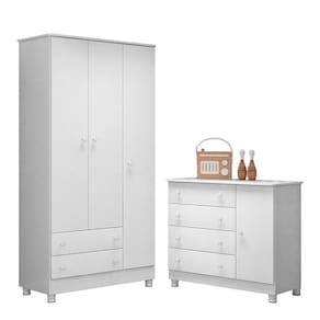 Jogo De Quarto Doce Sonho Guarda Roupa 3 Portas E Cômoda 1 Porta Branco Com Pés - Qmovi Branco