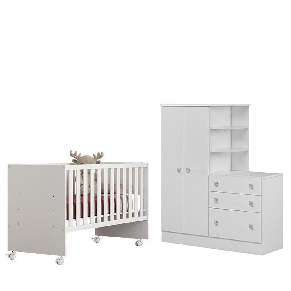 Dormitório Infantil Doce Sonho Guarda Roupa Com Cômoda E Berço Reto Branco - Qmovi Branco