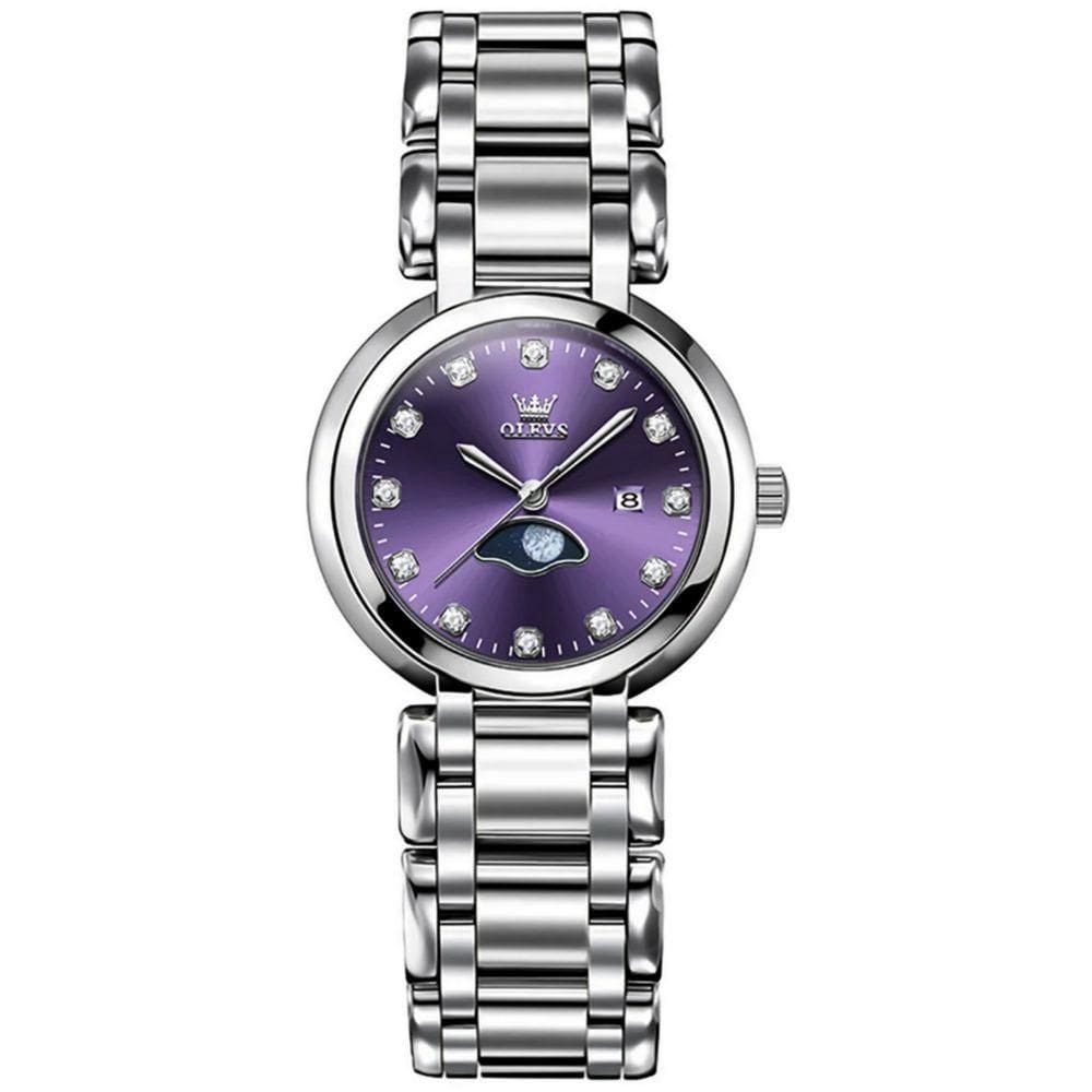 Relógio Feminino De Quartzo Minimalista Com Strass Em Aço Inoxidavel A Prova D´agua Roxo