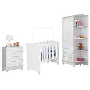 Dormitório Infantil Doce Sonho 2 Portas, Cômoda 4 Gavetas E Berço Branco Com Rodízio - Qmovi Branco
