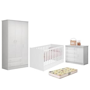 Dormitório Infantil Doce Sonho 3 Portas, Cômoda 1 Porta, Berço Mini Cama Branco E Colchão - Qmovi Branco
