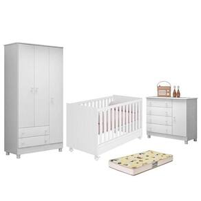 Dormitório Doce Sonho 3 Portas, Cômoda 1 Porta, Berço Mini Cama Branco Com Rodízio E Colchão D18 - Qmovi Branco